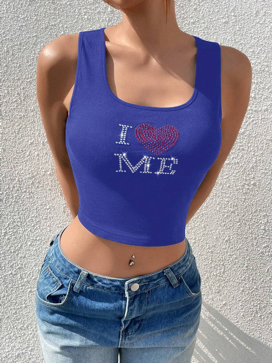 Top tank crop con corazon & con slogan con diamante de imitacion patron