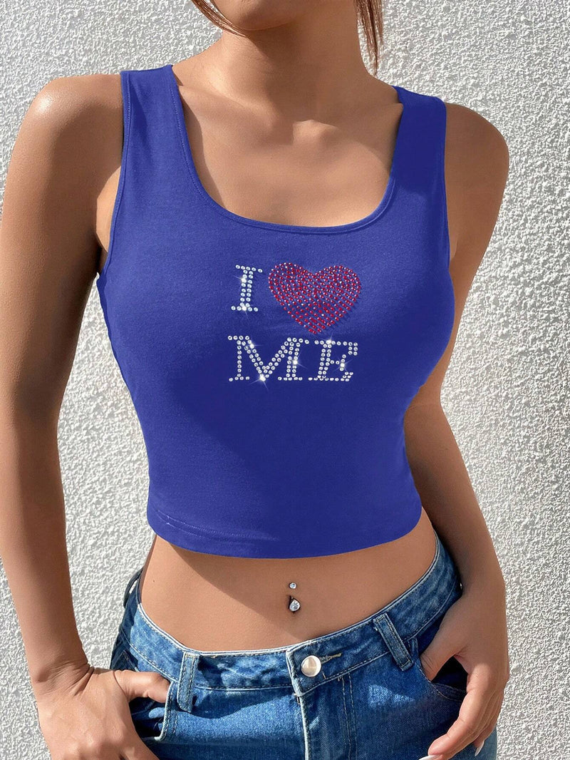 Top tank crop con corazon & con slogan con diamante de imitacion patron