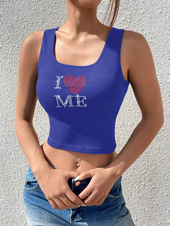 Top tank crop con corazon & con slogan con diamante de imitacion patron