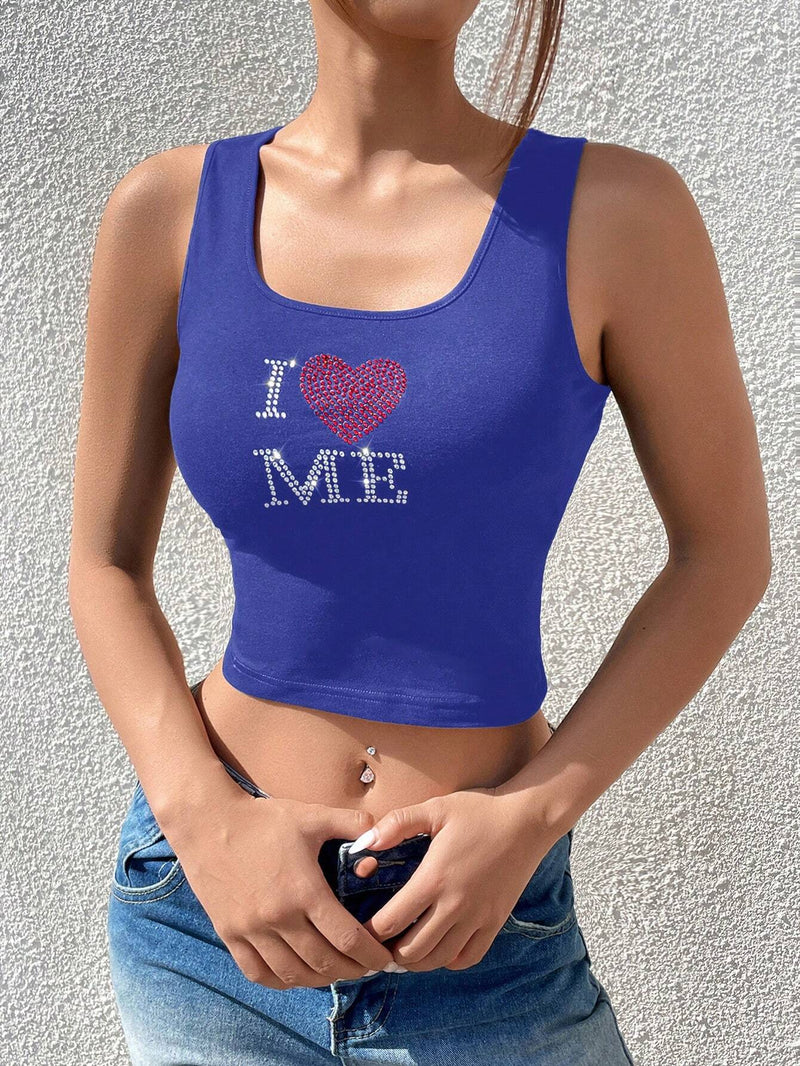 Top tank crop con corazon & con slogan con diamante de imitacion patron