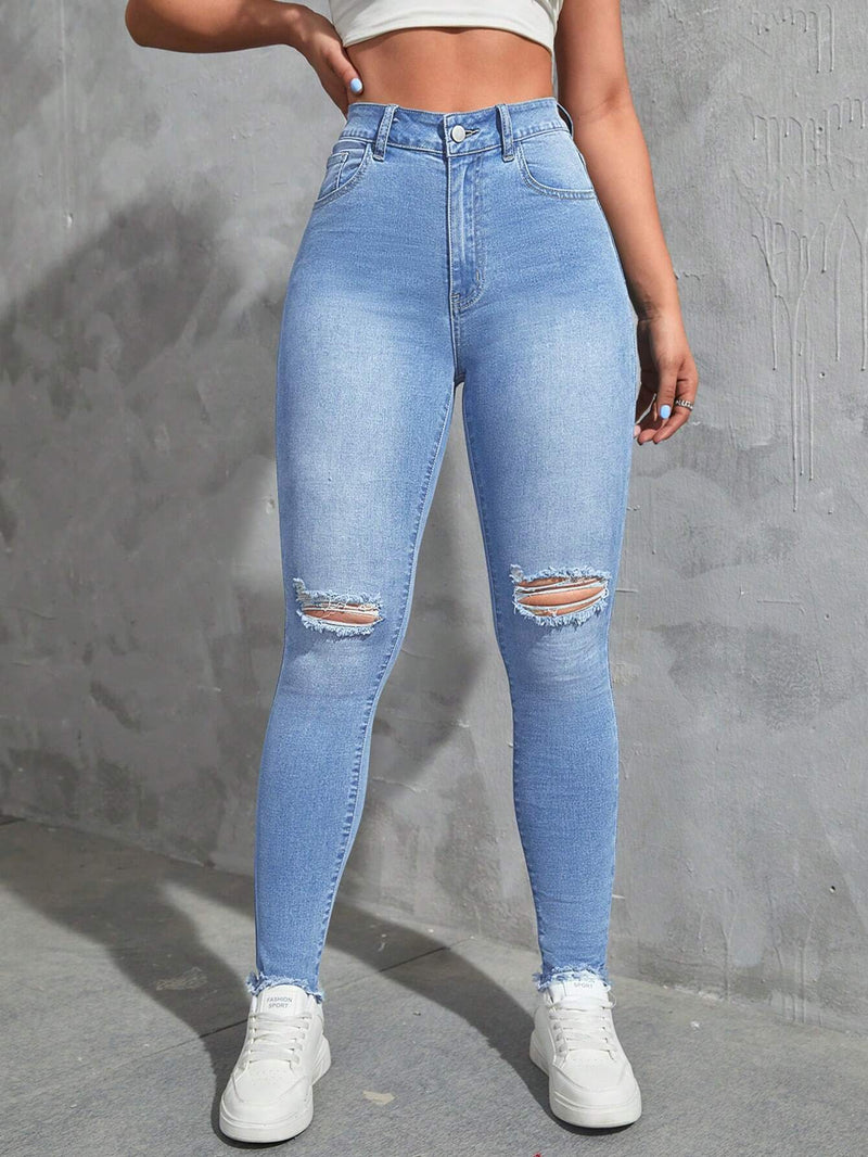 EZwear Jeans ajustados de talle alto desgarro bajo crudo