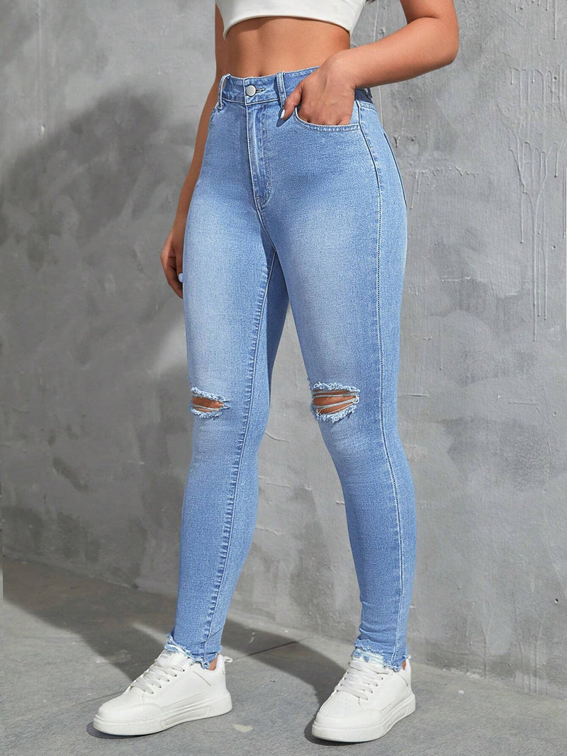 EZwear Jeans ajustados de talle alto desgarro bajo crudo