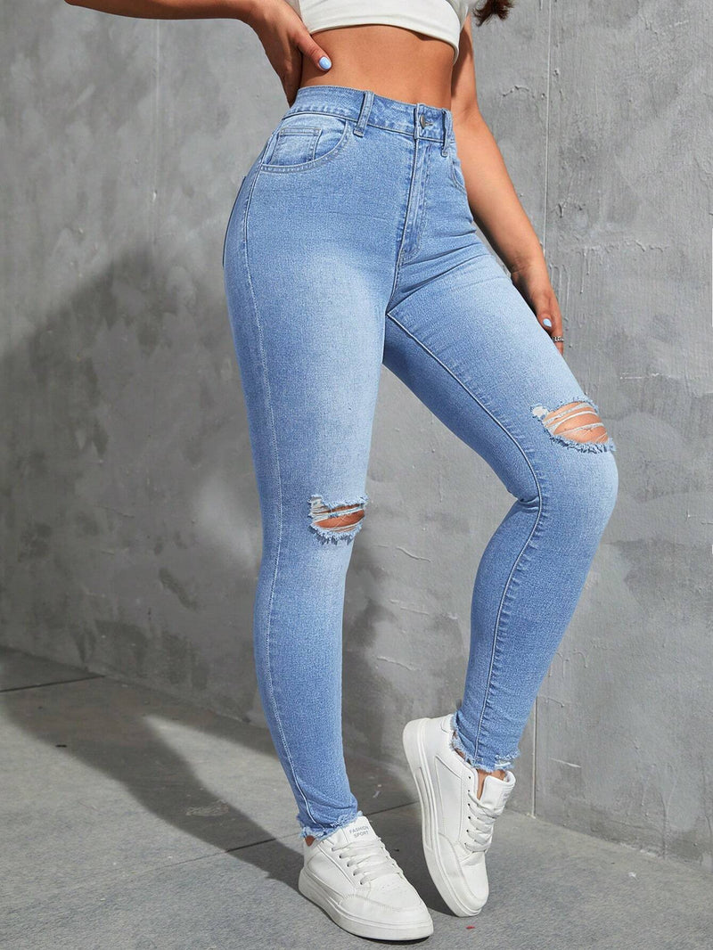 EZwear Jeans ajustados de talle alto desgarro bajo crudo