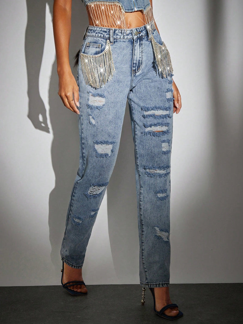 BAE Jeans de ajuste mom desgarro con diamante de imitacion ribete con fleco