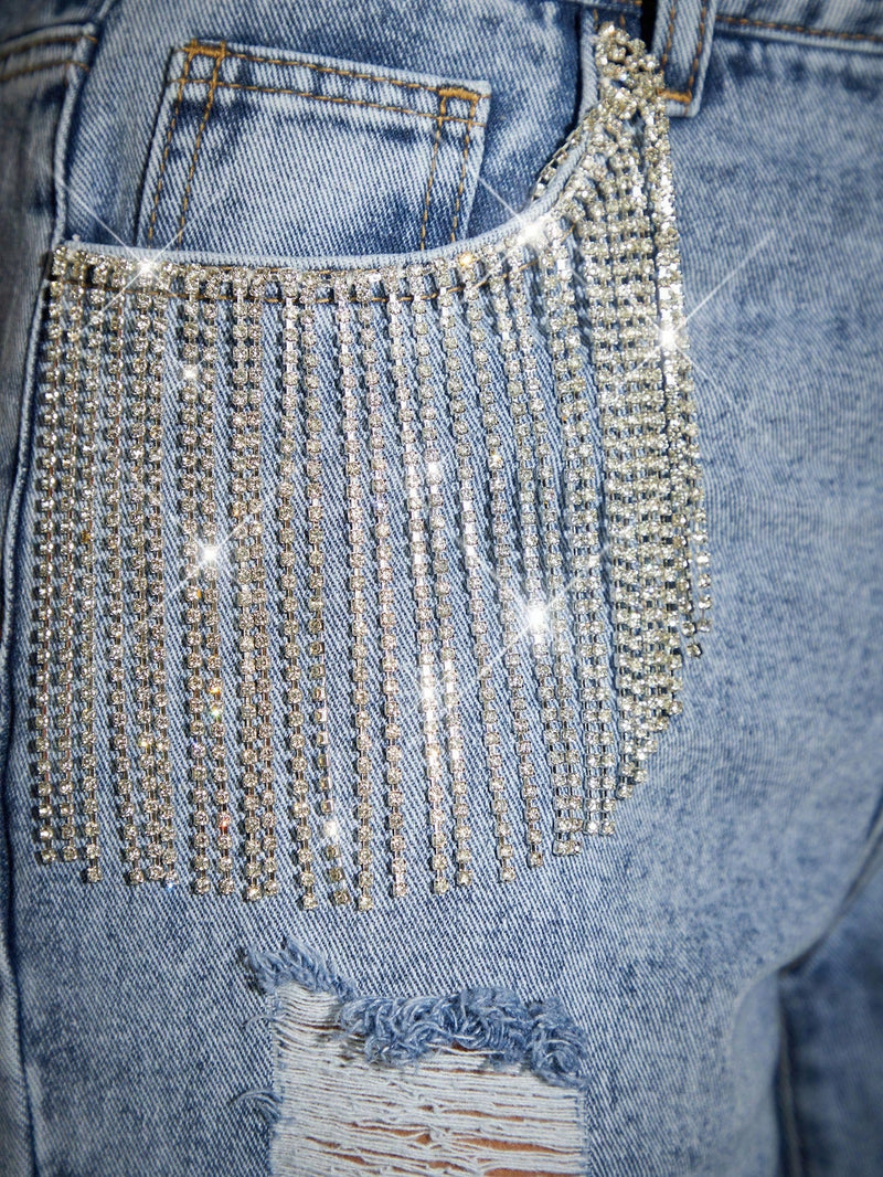 BAE Jeans de ajuste mom desgarro con diamante de imitacion ribete con fleco