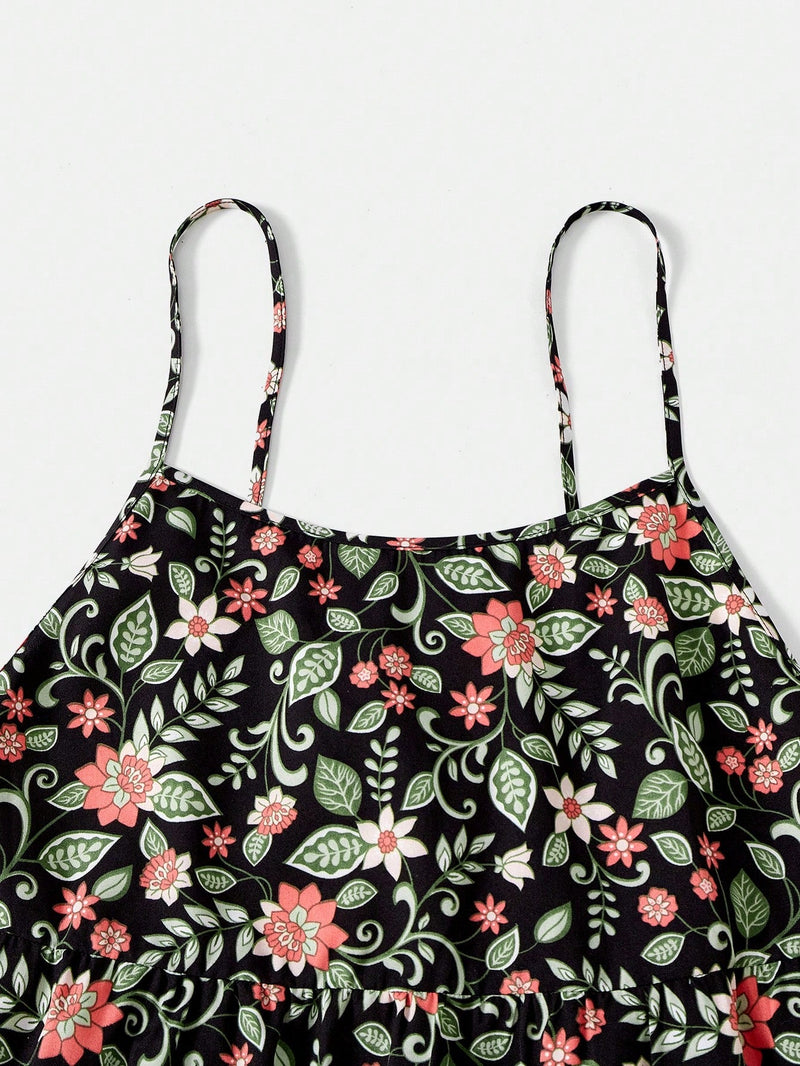 WYWH Vestido de tirantes con estampado floral bajo con fruncido