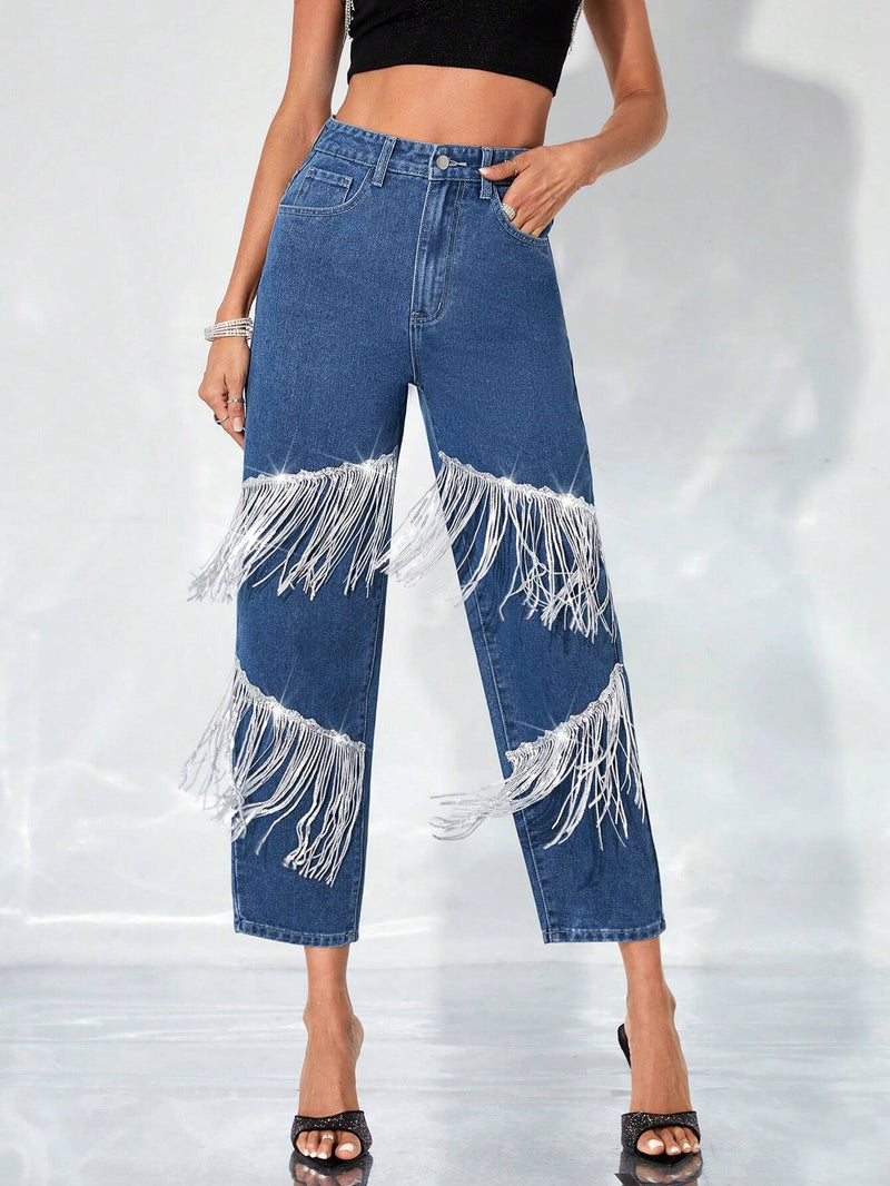 BAE Jeans de talle alto ribete con fleco