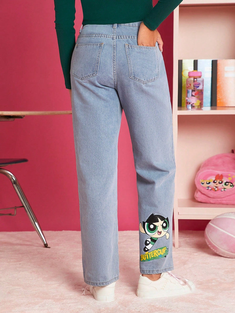 THE POWERPUFF GIRLS X  Jeans de pierna recta con estampado de dibujos animados y letra