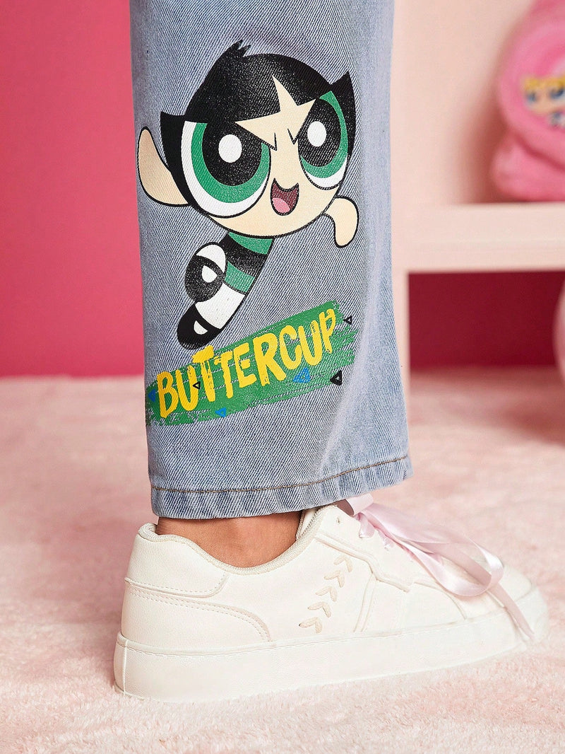 THE POWERPUFF GIRLS X  Jeans de pierna recta con estampado de dibujos animados y letra