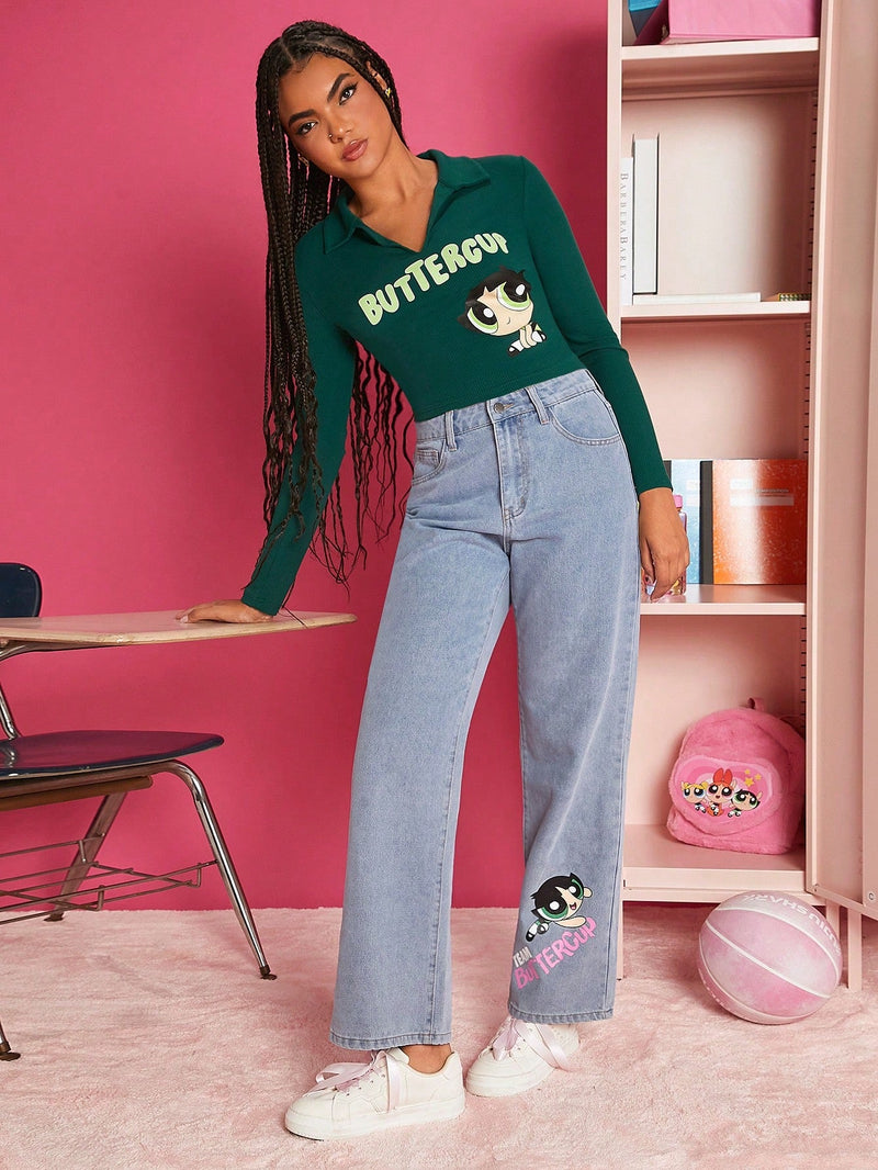 THE POWERPUFF GIRLS X  Jeans de pierna recta con estampado de dibujos animados y letra