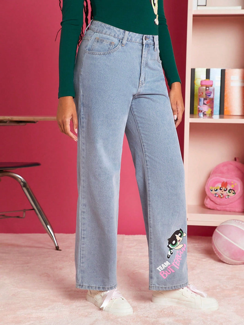 THE POWERPUFF GIRLS X  Jeans de pierna recta con estampado de dibujos animados y letra