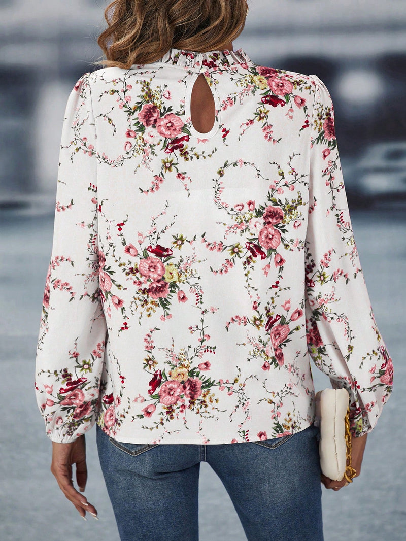 LUNE Blusa con estampado floral ribete fruncido de manga farol