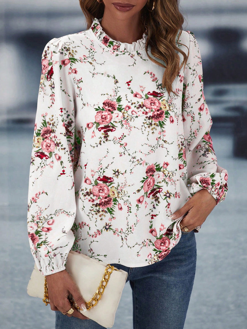 LUNE Blusa con estampado floral ribete fruncido de manga farol