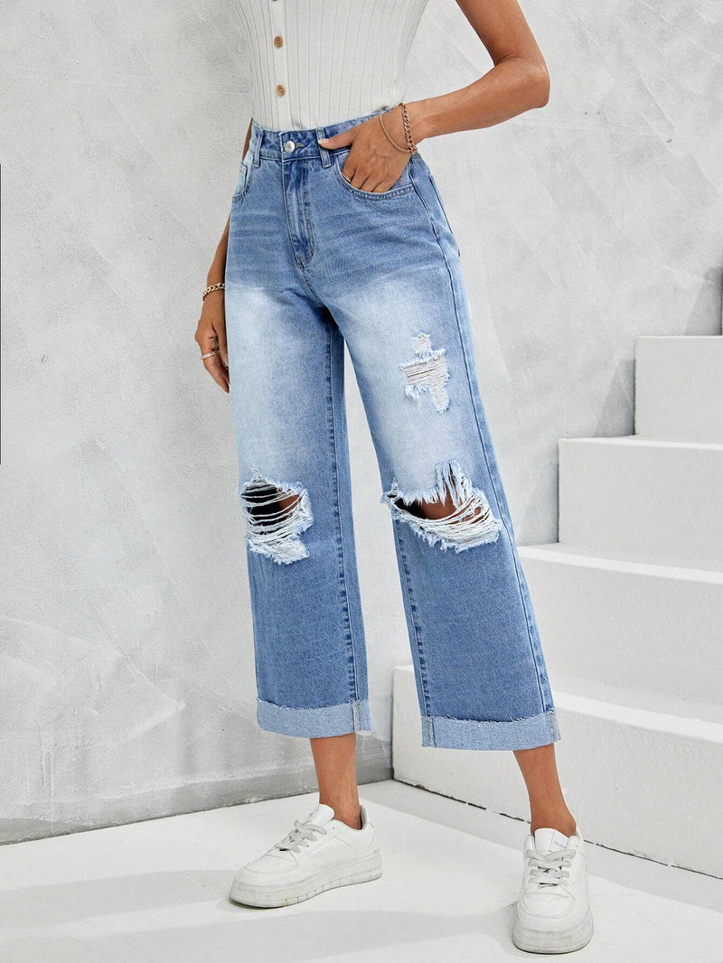 EZwear Jeans de pierna recta bajo de doblez desgarro