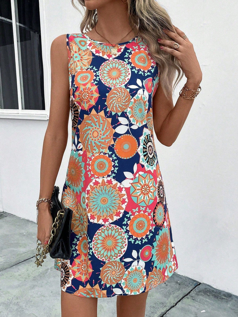 LUNE Vestido tank con estampado floral de espalda con abertura de ojo