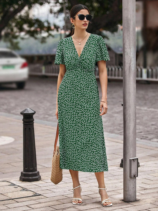 Privé Vestido con cinturón de manga farol bajo fruncido