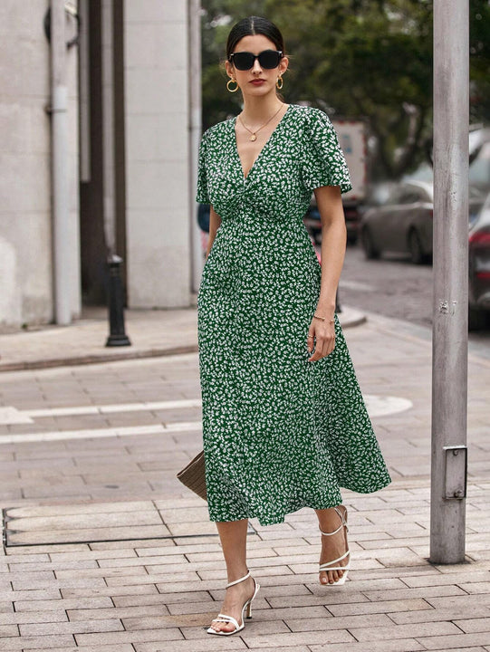 Privé Vestido con cinturón de manga farol bajo fruncido