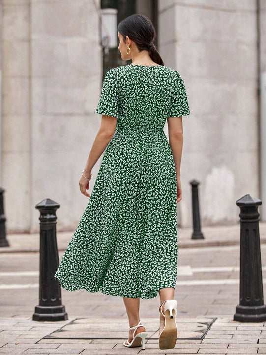 Privé Vestido con cinturón de manga farol bajo fruncido