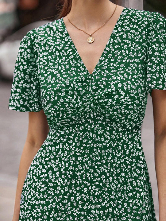 Privé Vestido con cinturón de manga farol bajo fruncido