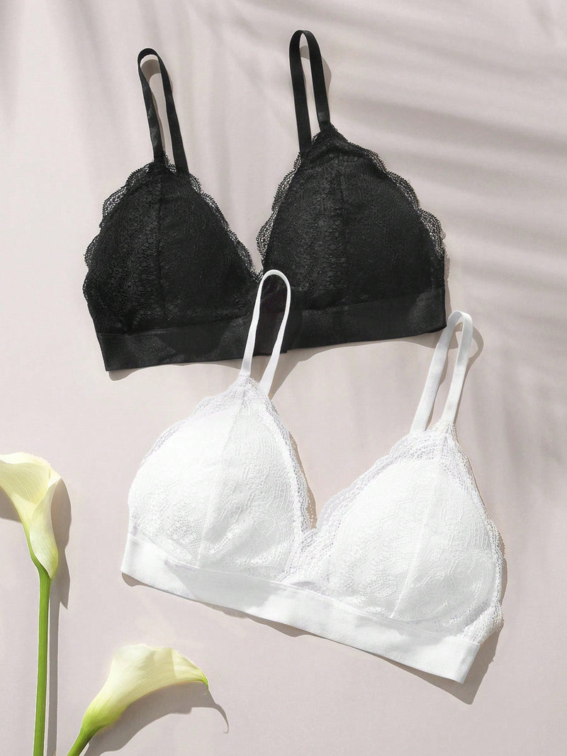 2 Paquetes Sujetador Bralette De Encaje Floral Con Ribete De Corte Ondulado