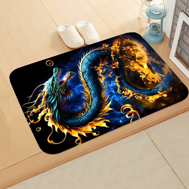 1pc Alfombra Antideslizante con Estampado de Dragón Mágico - Diseño de Llama Azul y Naranja Vibrante, Tapete de Poliéster Lavable en Máquina para Sala de Estar, Habitación de Juegos, Decoración para Dormitorio de Adolescentes - Regalo Duradero para el Ho