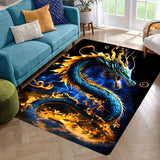 1pc Alfombra Antideslizante con Estampado de Dragón Mágico - Diseño de Llama Azul y Naranja Vibrante, Tapete de Poliéster Lavable en Máquina para Sala de Estar, Habitación de Juegos, Decoración para Dormitorio de Adolescentes - Regalo Duradero para el Ho