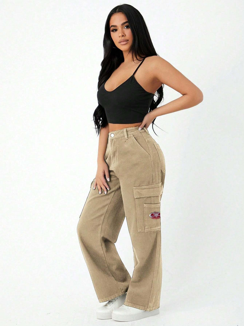 PETITE Jeans cargo con parche de letra con bolsillo con solapa