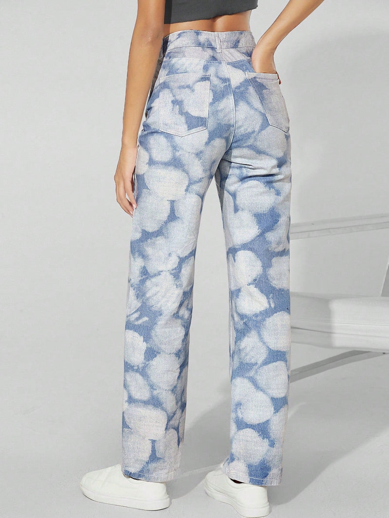 Haute Jeans De Pierna Recta Con Estampado De Nube