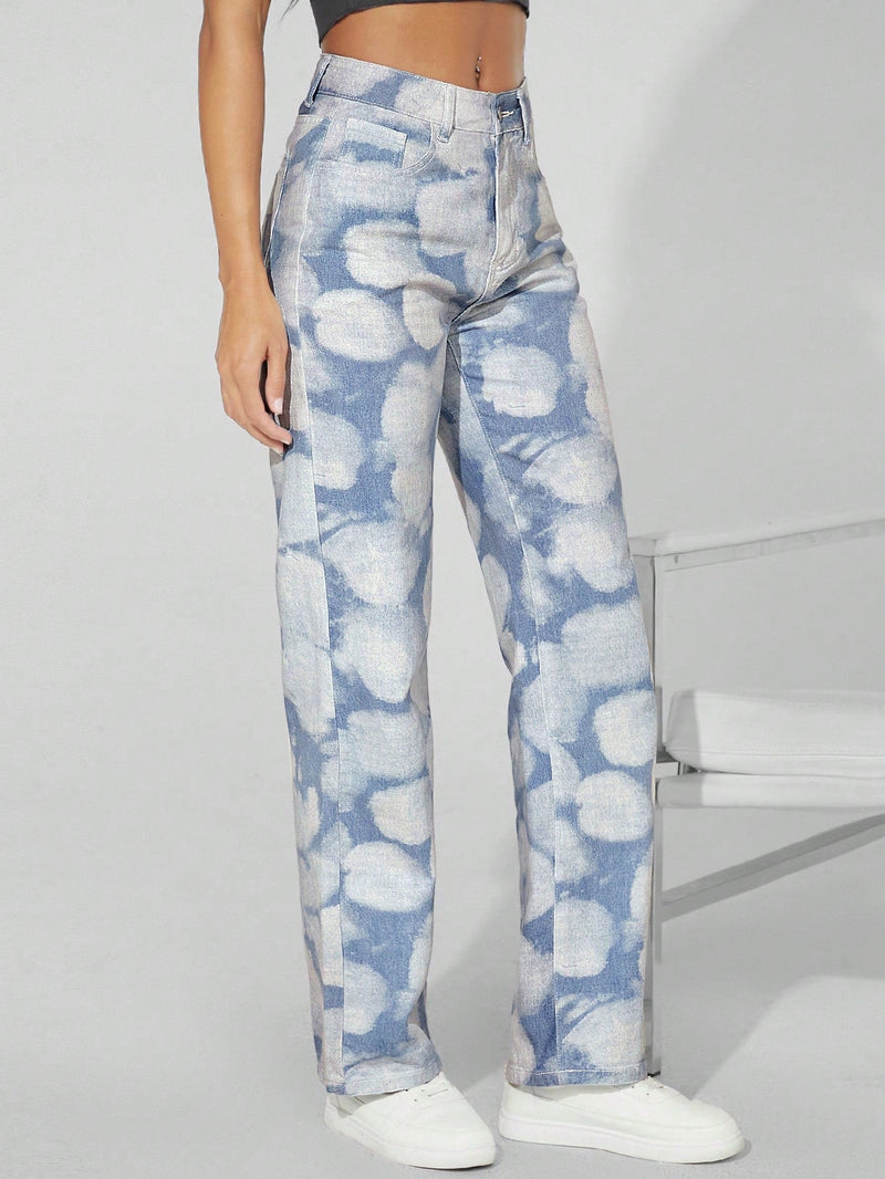 Haute Jeans De Pierna Recta Con Estampado De Nube