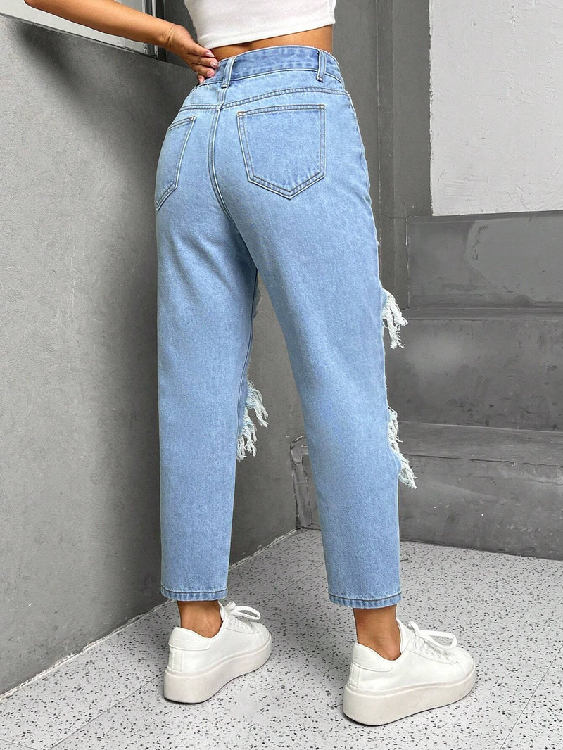 PETITE Jeans ajustados mom desgarro desgarro con abertura desgarro ribete con fleco