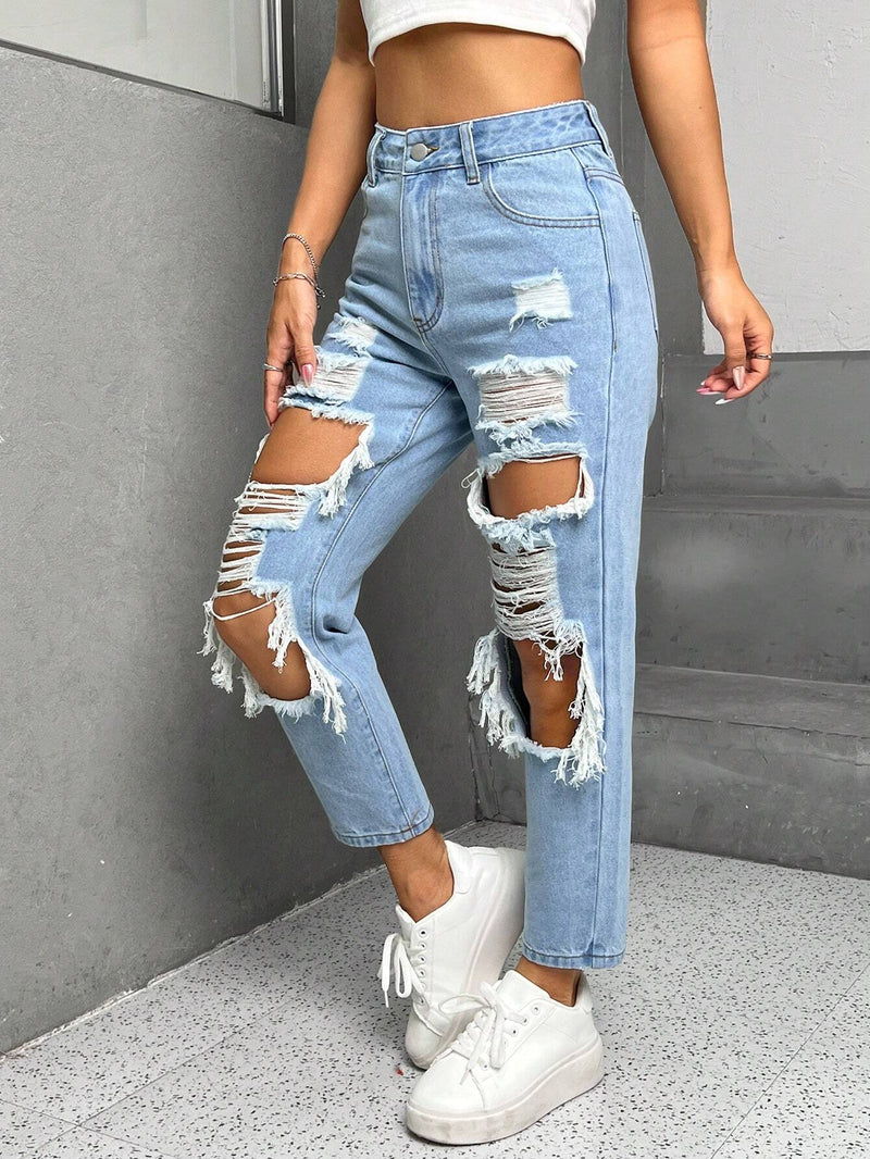 PETITE Jeans ajustados mom desgarro desgarro con abertura desgarro ribete con fleco