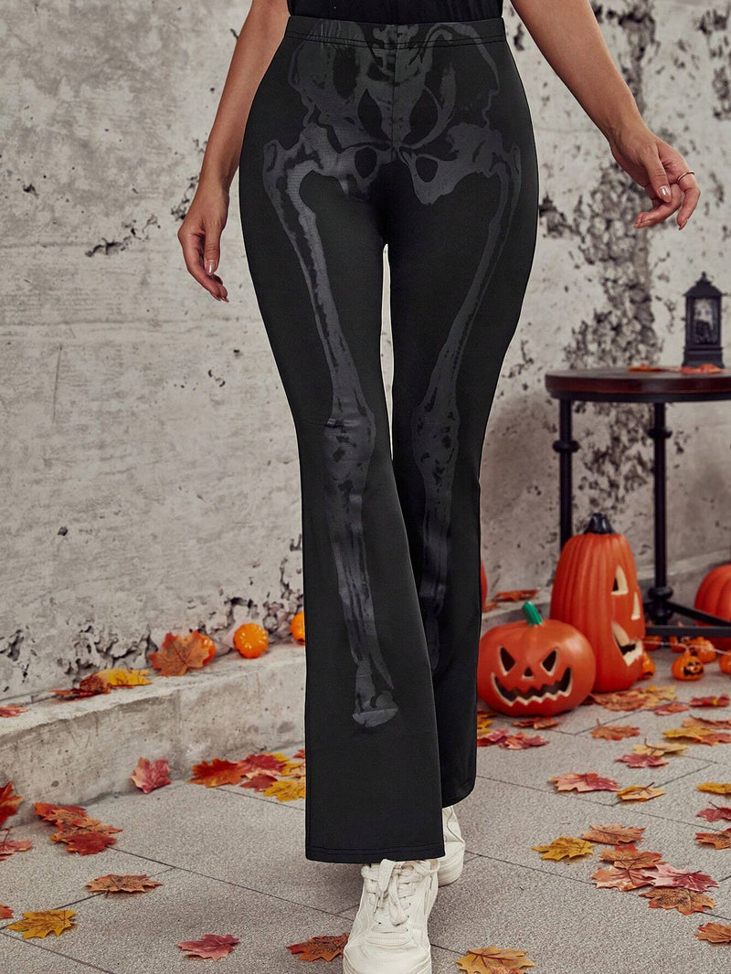 LUNE Pantalones acampanados Halloween estampado de esqueleto