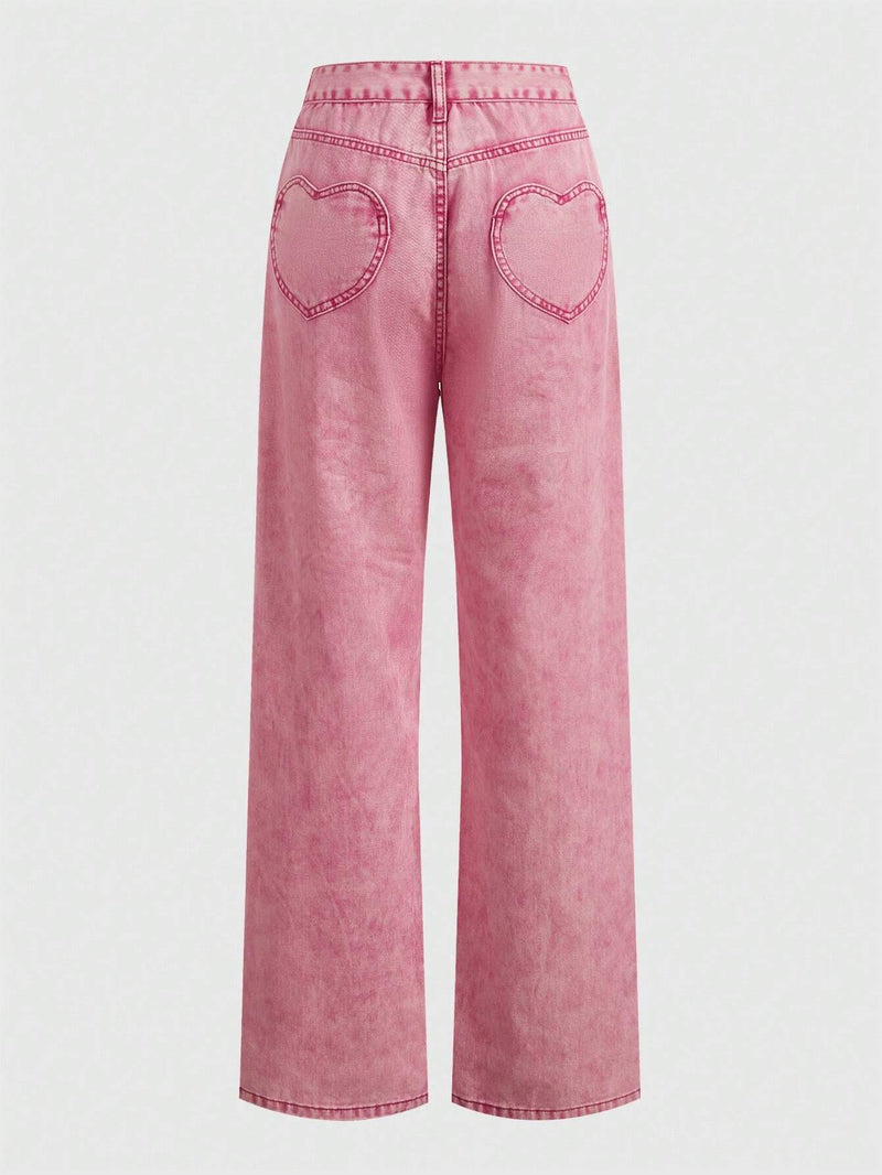 ROMWE Kawaii Jeans con corazon con parche de bolsillo de pierna ancha