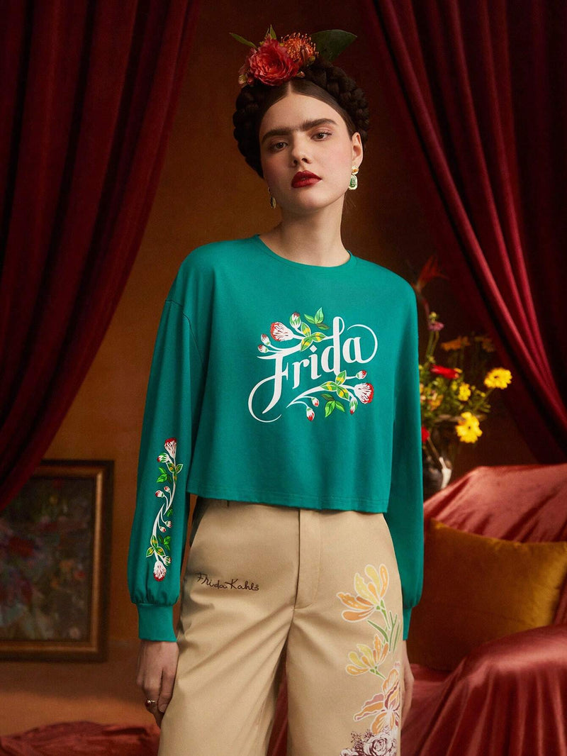 Frida Kahlo   Camiseta De Hombro Caido Con Graficos De Letras Y Flores