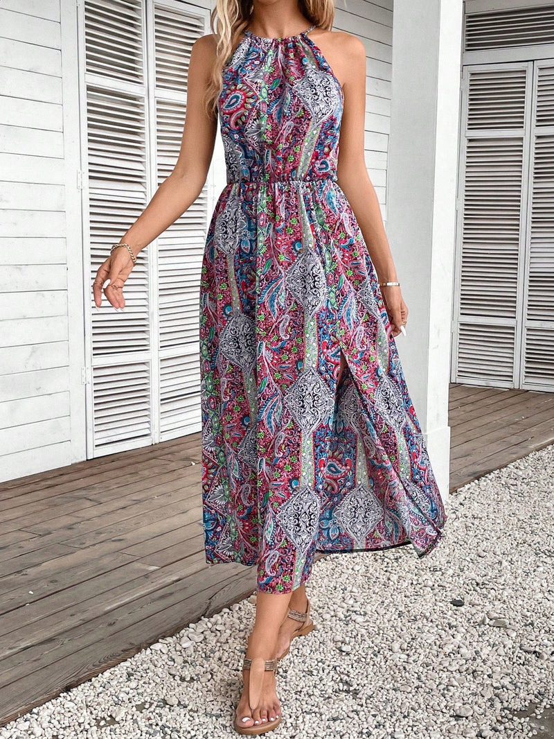 Frenchy Vestido halter con estampado de paisley de muslo con abertura