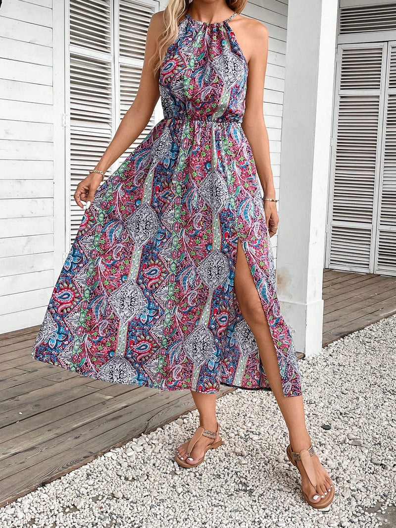 Frenchy Vestido halter con estampado de paisley de muslo con abertura