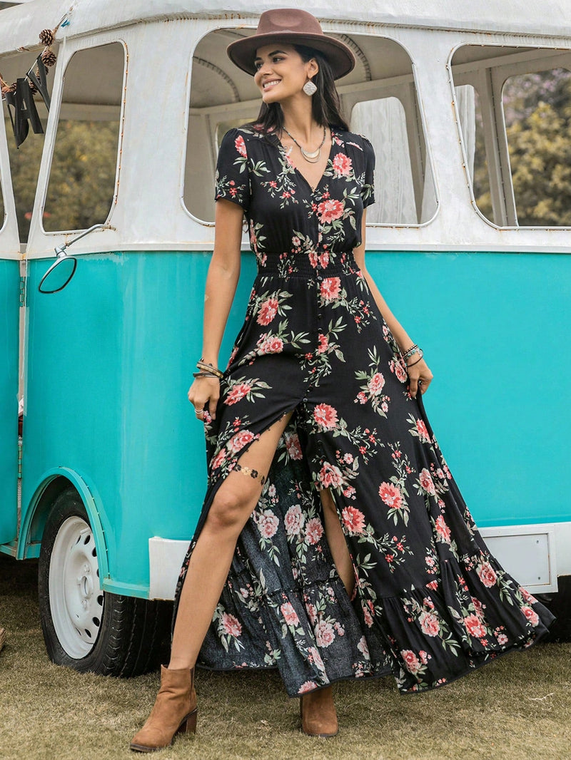 Rusttydustty Vestido con estampado floral con boton delantero bajo con fruncido