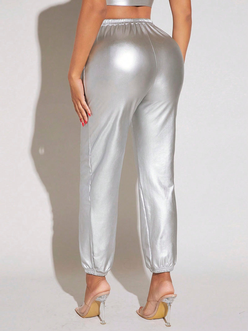 SXY Pantalones de cintura con cordon de color metalico