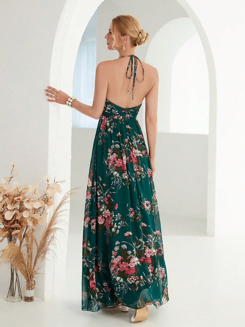 Vestido bajo cruzado con estampado floral de espalda abierta de cuello halter