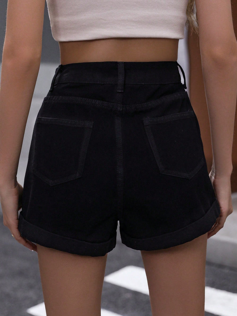 Frenchy Shorts en mezclilla de cintura con volante bajo de doblez