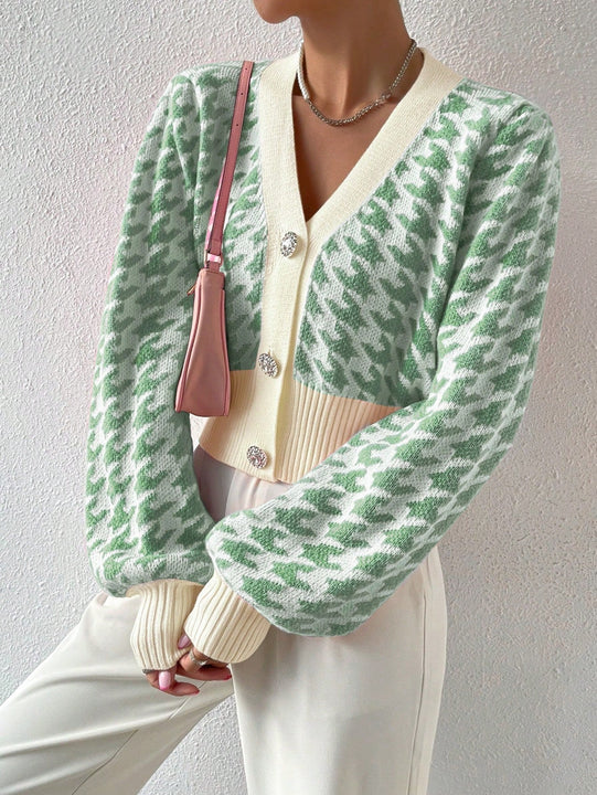 Essnce cardigan casual de mujer con botones y mangas de farol, dobladillo ancho y estampado de pata de gallo