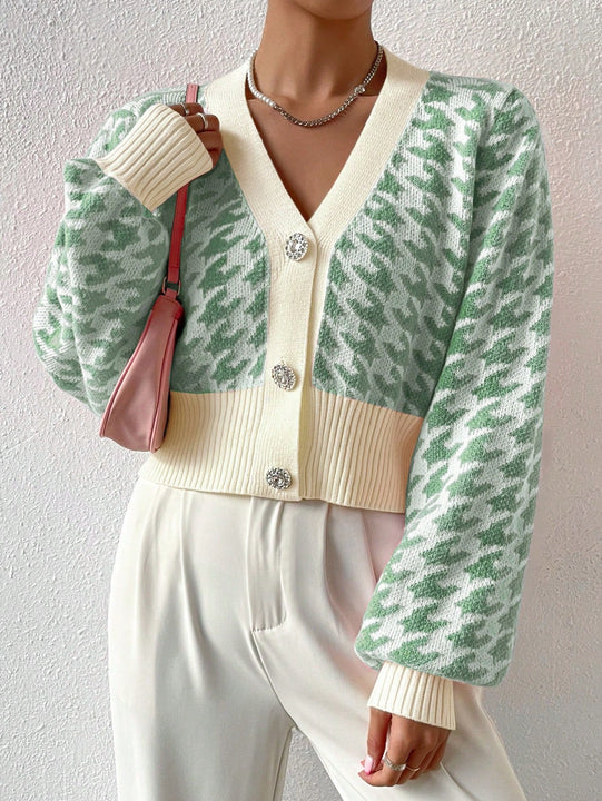 Essnce cardigan casual de mujer con botones y mangas de farol, dobladillo ancho y estampado de pata de gallo