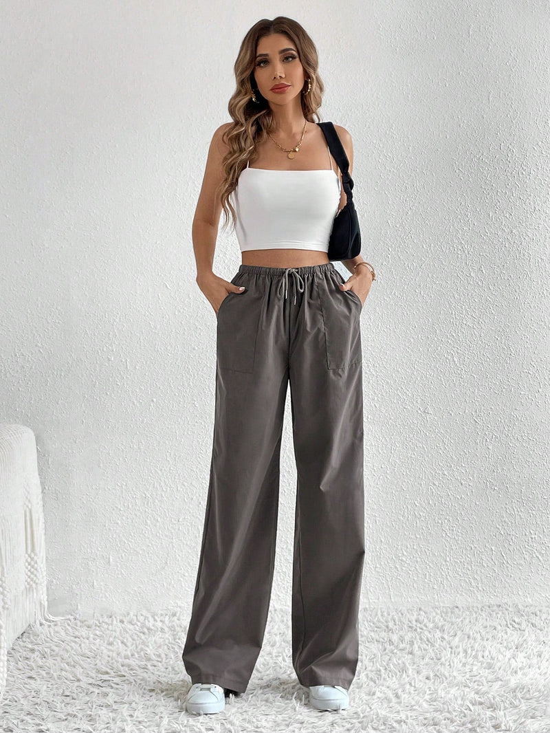 Tall Pantalones de pierna ancha de cintura con cordon con bolsillo oblicuo