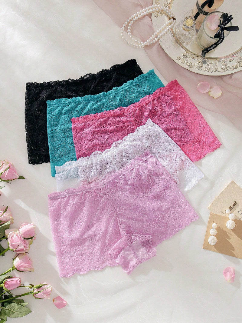 5 piezas Boyshorts con encaje floral ribete en abanico