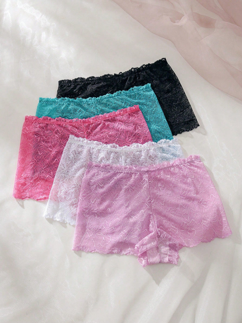 5 piezas Boyshorts con encaje floral ribete en abanico