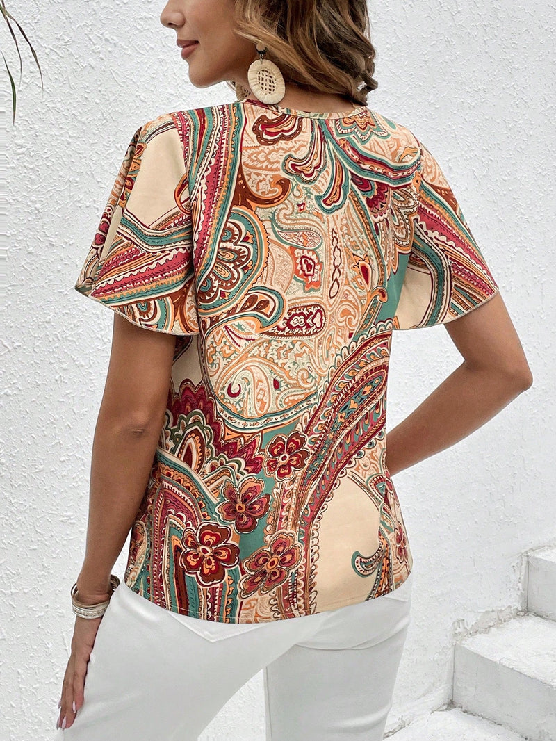 VCAY Blusa con estampado de paisley de cuello redondo