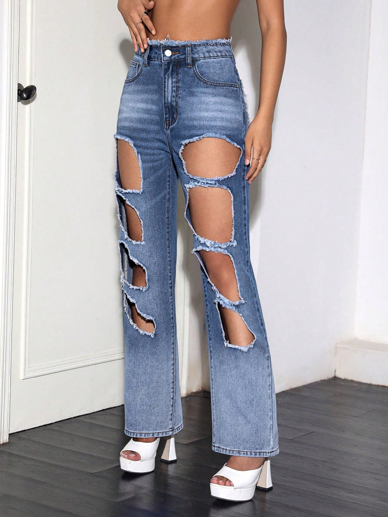 Jeans de pierna recta con abertura desgarro