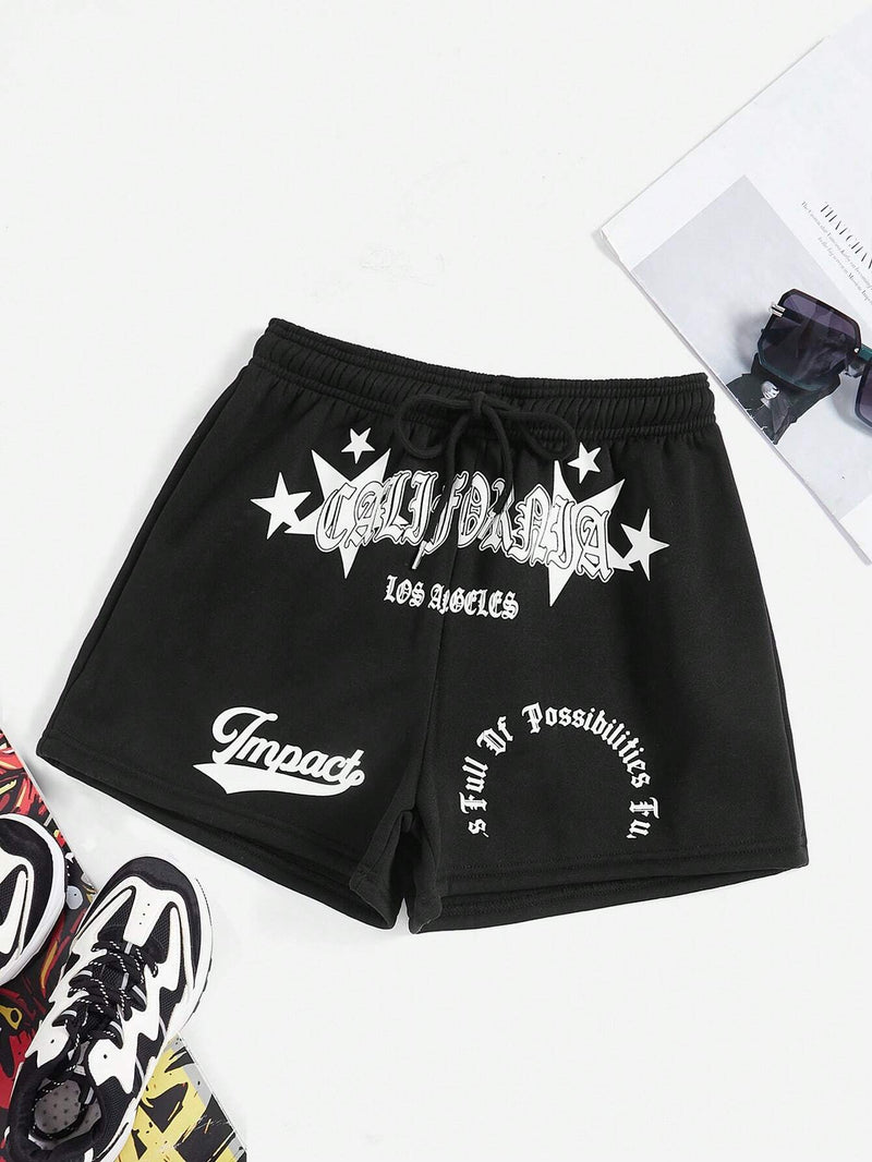 EZwear Shorts con estampado de letra y cintura con cordon