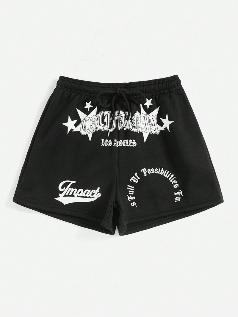 EZwear Shorts con estampado de letra y cintura con cordon