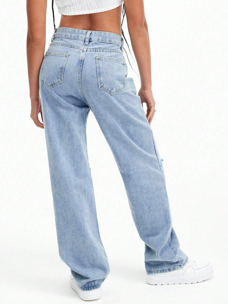 EZwear Jeans de pierna recta de talle alto roto crudo